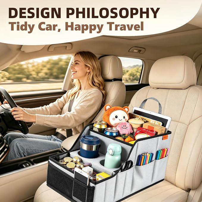 Car Seat Organizer Back Front Captains Seats Storage Travel | Car Organizer, Back Seat Car Organizer, Car Seat Organizer Front Seat – 9 Compartments, 2 Cup Holders – Foldable