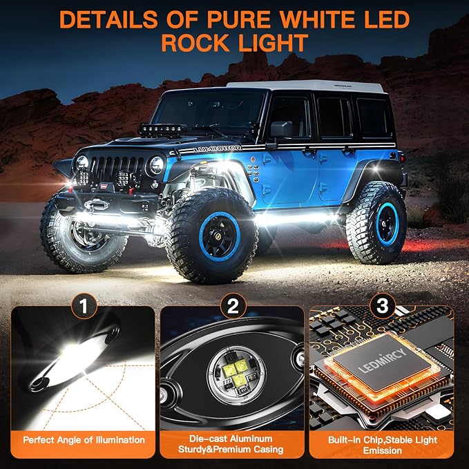 Rock Lights,LEDMIRCY R1 LED Pure White Rock Lights with Switch Wire Harness Kit(16Pods) Super Brigh Luces para Carro for Trucks ATV UTV Off Road Boat High Power Light Waterproof Shockproof