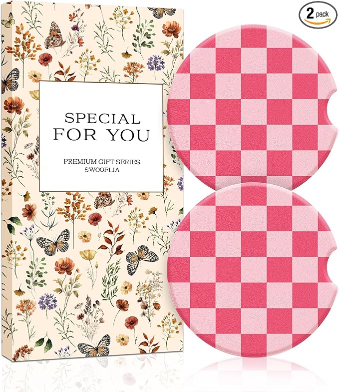Swooflia Car Coasters for Women - Light and Dark Pink Checkered Ceramic Car Cupholder Coaster Absorbent Mat Coaster with Cork Base 2 Pack 2.55 inch Automotive Cup Holder Accessories New Driver Gifts