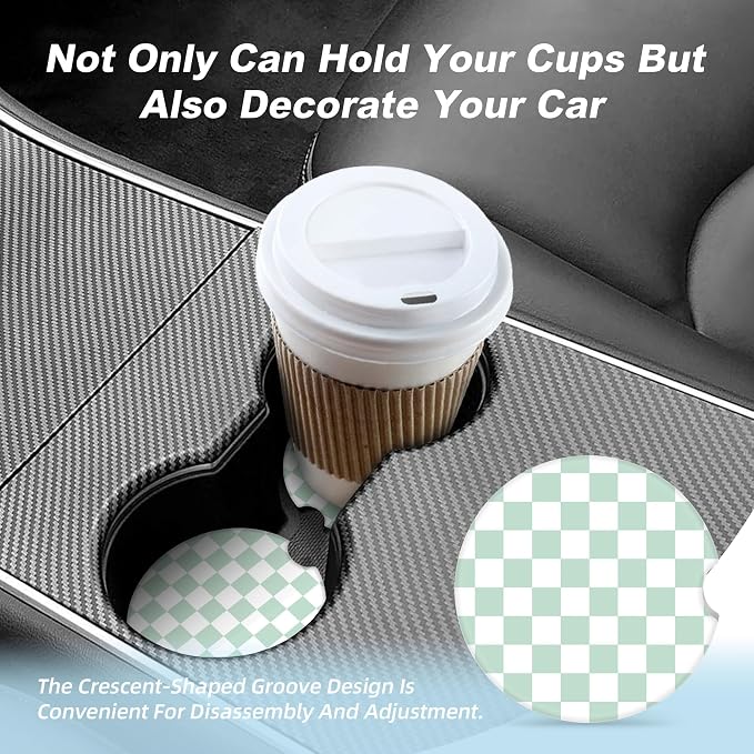 White and Green Checkered Car Coasters for Cup Holders,2 Pack Car Cup Holder Coasters for Car,Ceramic Absorbent Car Coaster with A Finger Notch and Cork Base,Car Interior Accessories for Women Men
