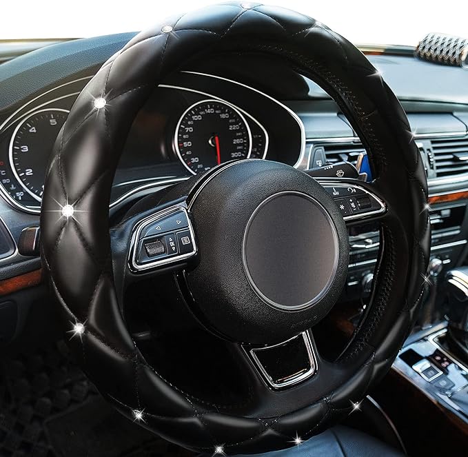 Diamond Leather Bling Steering Wheel Cover, Universal Car Steering Wheel Protector with Crystal Rhinestones Anti-Slip Soft Interior Accessories for Women and Girl Fit 15 inch -Black