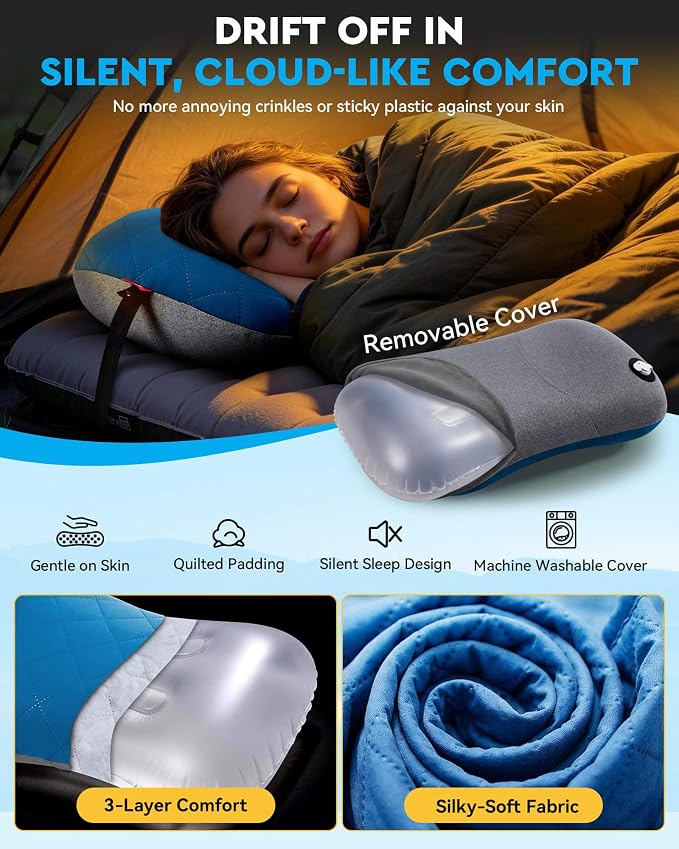 Hikenture Camping Pillow with Removable Cover, Ultralight Inflatable Pillow | Ergonomic Neck Lumber Support, Upgrade Leakproof Backpacking Pillow, Portable Packable for Hiking, Beach, Travel