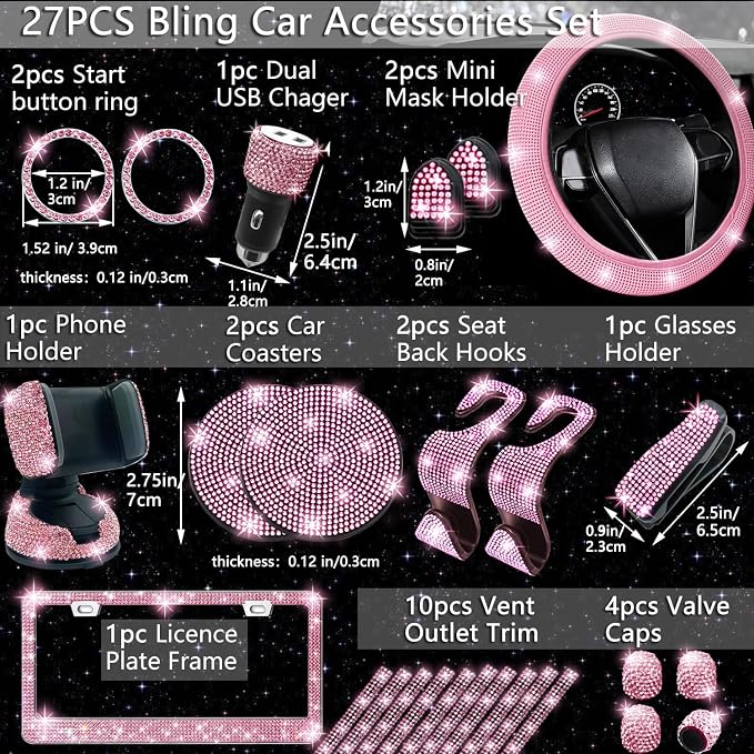 NBTEPEM 27-Piece Bling Car Accessories Set - Universal Fit Steering Wheel Covers, License Plate Frames, Phone Holder, Car Fast Charger, Coasters (Pink)
