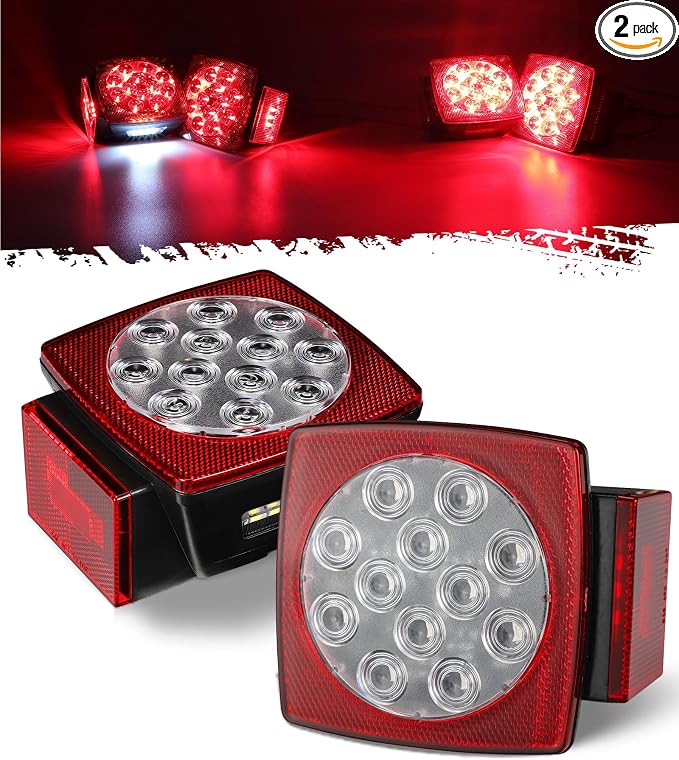 Partsam 12V Submersible Square Led Trailer Lights, Red White LED Stop Turn Tail License Side Marker Running Light Lamp for Trailers Under 80" Boat Trailer Truck, IP68, Red Clear Lens