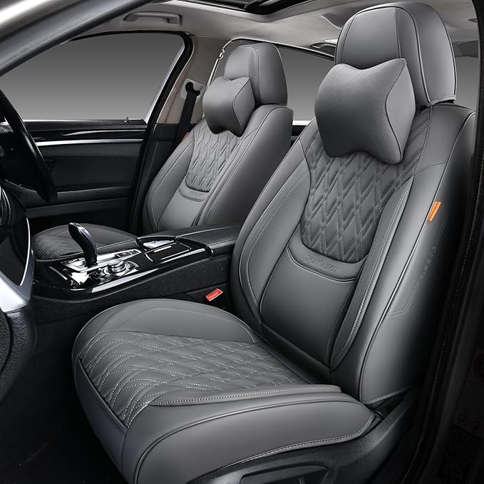 Car Seat Covers Full Set, Breathable Leather Automotive Front and Rear Seat Covers & Headrest, Universal Automotive Vehicle Seat Cover for Most Sedan SUV Pick-up Trucks, Gray