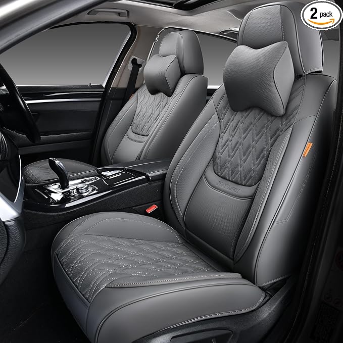 Car Seat Covers Front Pair, Breathable Leather Automotive Front Seat Covers with Headrest, Universal Automotive Vehicle Seat Cover for Most Sedan SUV Pick-up Trucks, Gray