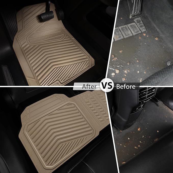 CAR PASS Rubber Car Mats, Waterproof Car Floor Mats All Weather Car Mat Full Set 3 Piece, Tan Automotive Floor Mat Trim to Fit for Cars Sedan SUVs Trucks, Anti-Slip Easy Clean, All Beige
