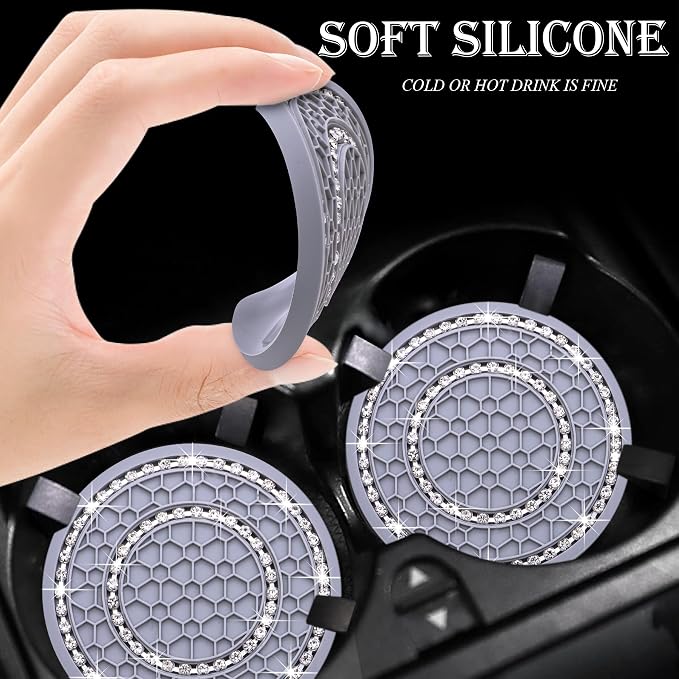 4PCS Bling Crystal Rhinestone Cup Holder Coaster, 2.75 inch Soft Silicone Anti-Slip Shockproof, Car Cup Holder Insert Coasters, Universal Car Interior Accessories for Women (Gray & White)
