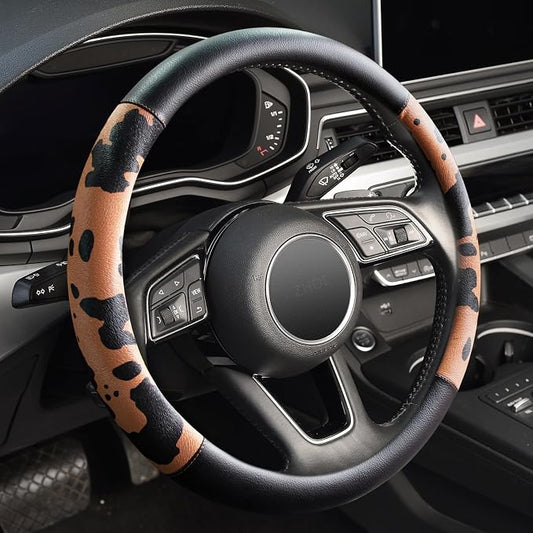 Cow Print Car Steering Wheel Covers, Breathable Microfiber Leather for Women and Men, Universal 15 inch Anti-Slip Steering Wheel Protector, Black Brown
