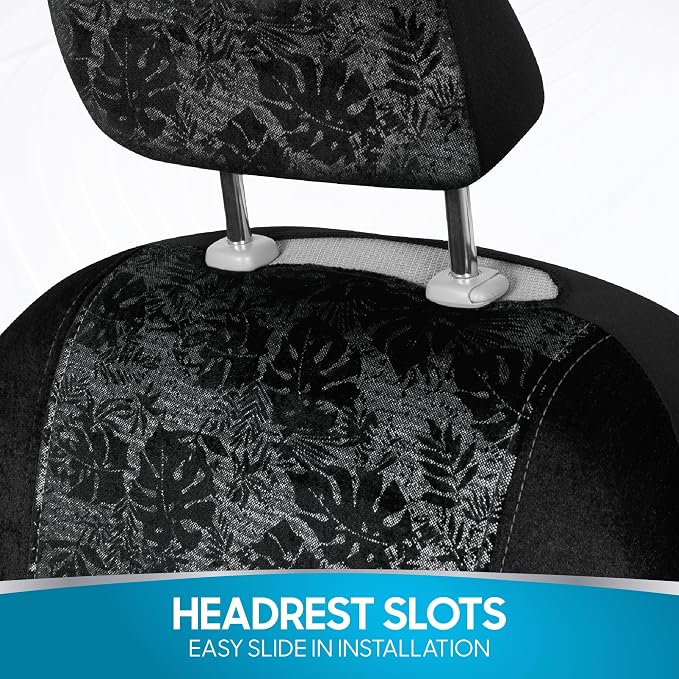 BDK Black Maui Car Seat Covers for Front Seats, 2 Pack – Tropical Pattern with Matching Headrest, Sideless Design for Easy Installation, Fits Most Car Truck Van and SUV