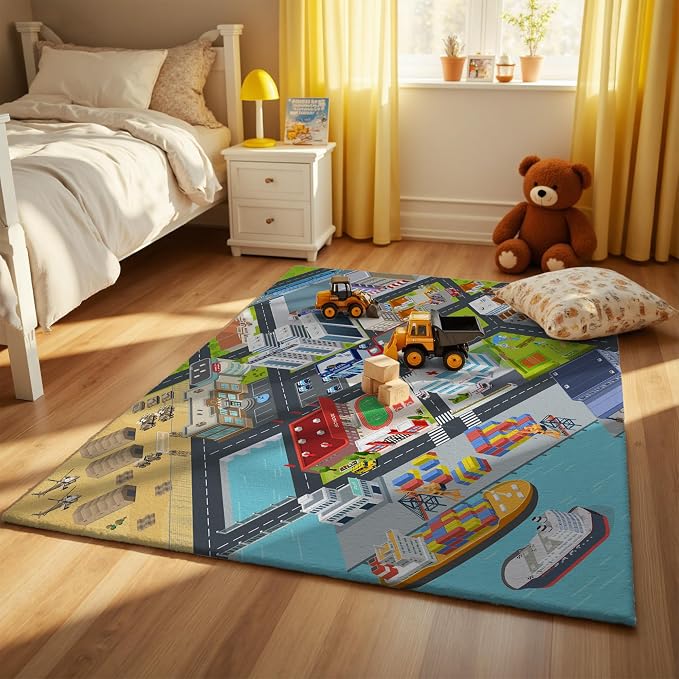 Nayoroom Kids Harbor City Road Rug, Faux Wool Car Map, Non-Slip, 5 x 7 ft | Harbor city road map; Waterfront scenes; Soft faux wool surface; Non-slip backing; Easy-care room accent