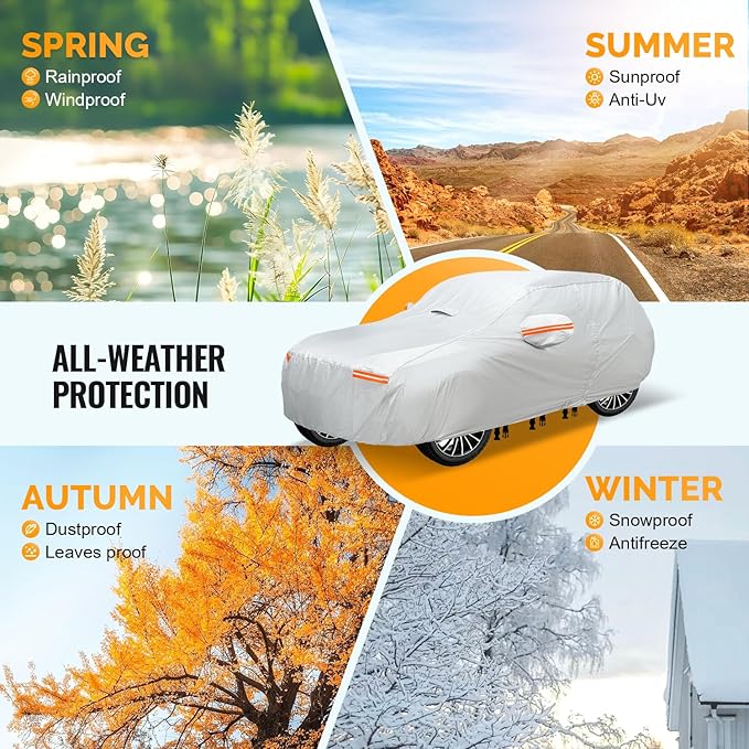 30 Layers SUV Car Cover for Automobiles All Weather Waterproof, Outdoor Snowproof UV Protection Windproof, Door Zipper, Soft Cotton, Heavy Duty Universal Car Covers, (Silver, Fit SUV 181"-190")