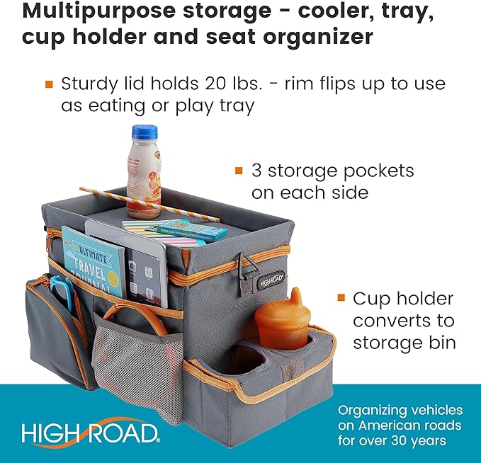 High Road CarHop Car Caddy Organizer with Tray, Trip Cooler and Cup Holder | Middle Seat Organizer for Kids Toys and Snacks in the Backseat and Passenger Seat Car Snack Organizer for Drivers