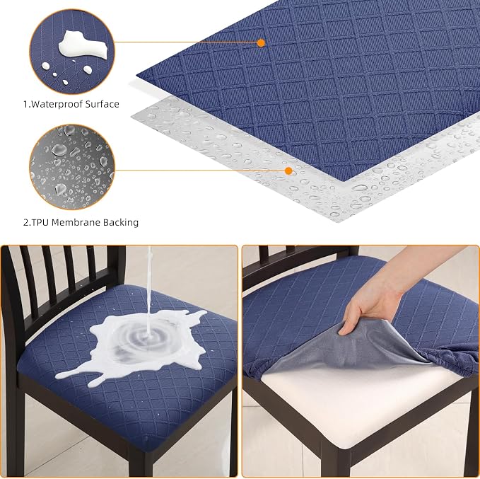 Fuloon Waterproof Seat Cushion Covers 4 PCS, Stretch Jacquard Chair Seat Covers Washable Dining Room Chair Slipcovers Removable Kitchen Cushion Protector (4, Waterproof-Navy Blue)