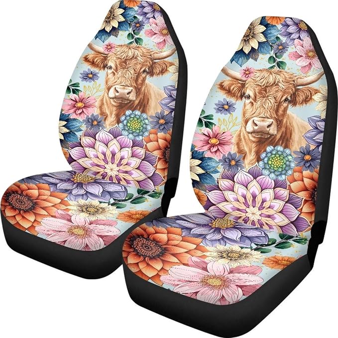 Anti-Slip Car Seat Cover Front Seats Only,Boho Mandala Highland Cow Comfort Automotive Car Interior Covers Vehicle Cushion Seat Cover Set,Auto Interior Decoration