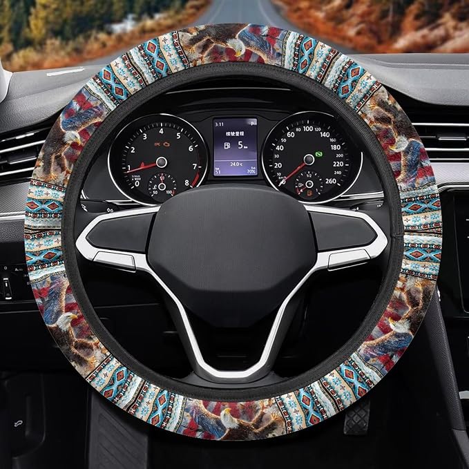 Wanyint Auto Steering Wheel Cover Unviersal 15 Inch Steering Wheel Wrap Cover 4th of July Auto Interior Accessories Decor for All Seasons, Aztec Eagle US Flag