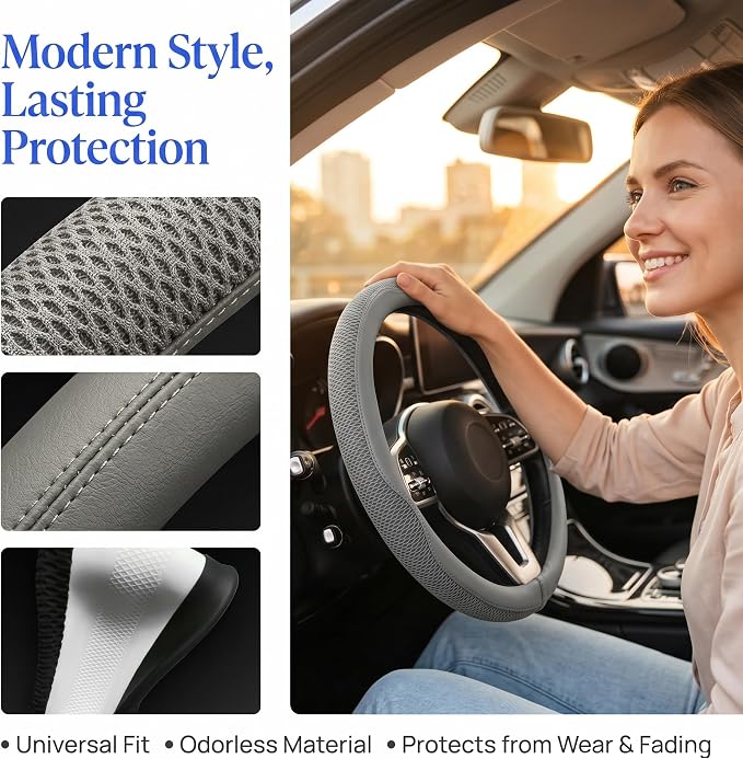 38cm Car Steering Wheel Cover, Universal 15 inch, Microfiber Breathable Ice Silk, Anti-Slip, Odorless, Easy to Install