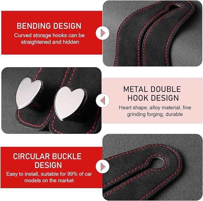 2 PCS Car Seat Headrest Hook, Suede Cute Heart Shape Metal Double Head Purse Hook, Universal Automotive Seat Back Storage Hanger, Car Accessories for Women (Black)