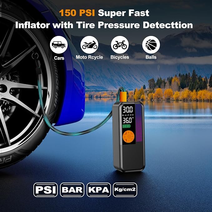Jump Starter with Air Compressor,5500A Portable Car Battery Booster(All Gas & 10L Diesel) with 150PSI Cordless Auto Tire Inflator,15V Portable Car Battery Jump Starter Box with LCD Display LED Light