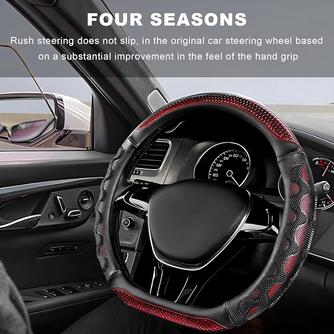 Car Steering Wheel Cover, Anti-Slip Breathable Steering Wheel Protector with 3D Honeycomb Design, Sporty Elastic Protective Cover for 14.5-15 Inch Flat Bottom Steering Wheels (Red)