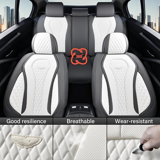 Coverado Seat Covers, Car Seat Covers Full Set, White Car Seat Cover, Car Seat Cushion Waterproof, Front Seats Back Seat Covers, Luxury Seat Cover Car Seat Protector Universal Fit Most Cars