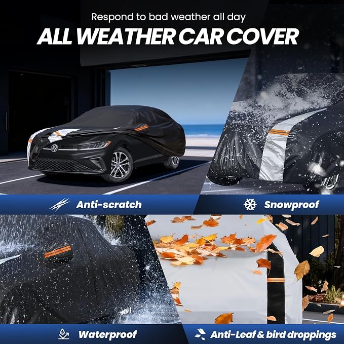Multi-Layer Car Cover Custom Fit for VW Jetta(2005-2026), 100% Waterproof All Weather for Automobiles, Gift with Towel, Heavy Duty Car Covers for Rain Sun UV Protection with Door Zipper