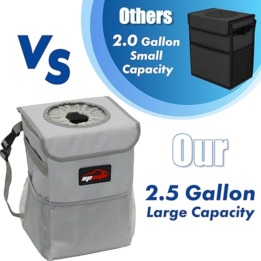 EPAuto Waterproof Car Trash Can with Lid and Pockets, 2.5 Gal, Gray | Leakproof, Collapsible Multipurpose Car Bin with 3 Side Storage Pockets, Adjustable Straps