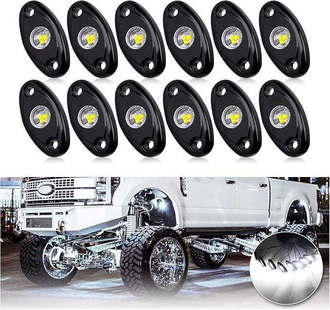 OPP ULITE White LED Rock Lights Kit, 12 Pods Underglow for Jeep Offroad Truck Car ATV SUV Boat Motorcycle Vehicle Under Body Glow Lamp Trail Fender Lighting (12pods Rock W)