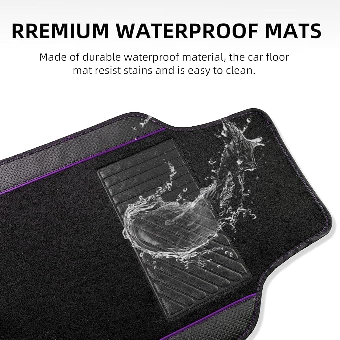 NBTEPEM Microfiber Steering Wheel Cover and Waterproof Car Floor Mats, Universal Fit Most Truck, SUV, Cars, 14.5-15inch Sporty Steering Wheel Covers with Anti-Slip Lining (Black with Purple line)