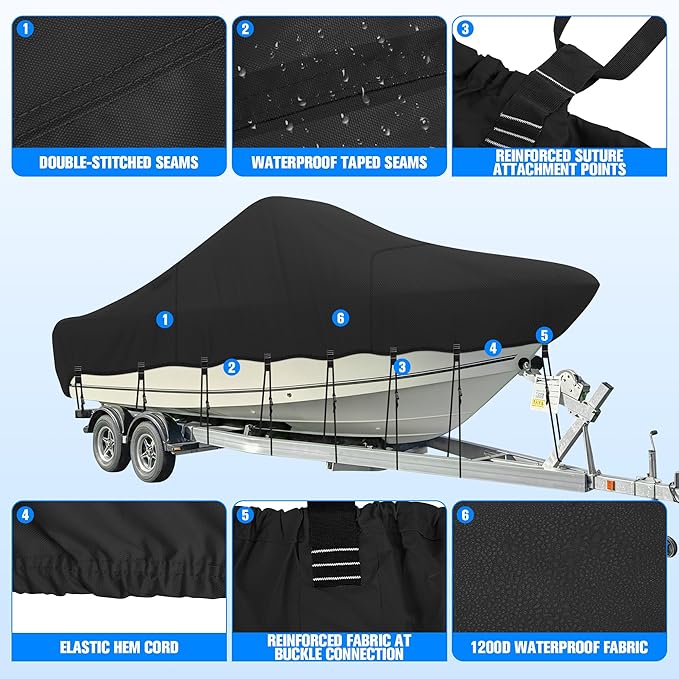 Center Console Boat Cover 22-24ft, 1200D Waterproof Boat Cover | Trailerable Boat Cover with Motor Cover for Center Console Boats, Heavy Duty Marine Grade UV Resistant Polyester, Black