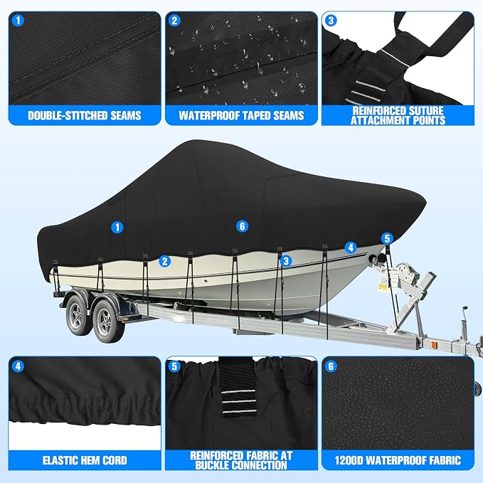 Center Console Boat Cover 17-19ft, 1200D Waterproof Boat Cover with Motor Cover, Trailerable Boat Cover for Center Console Boat, Heavy Duty Marine Grade UV Resistant Polyester Fabric, Black