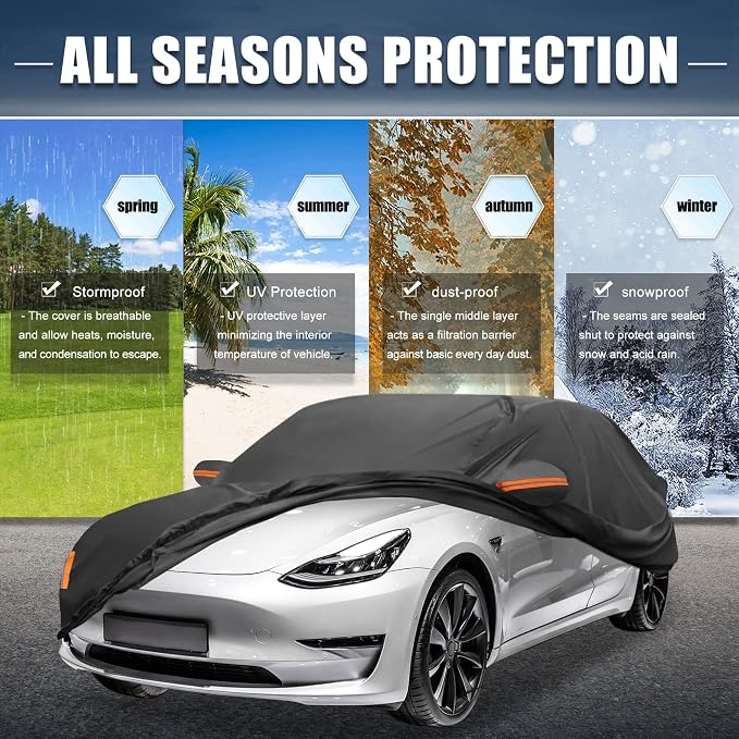 X AUTOHAUX Car Cover for Tesla Model 3 2017-2025 210D-PU Outdoor Full Car Cover All Weather with Door Zipper for Waterproof Windproof Sun Rain Snow Protection
