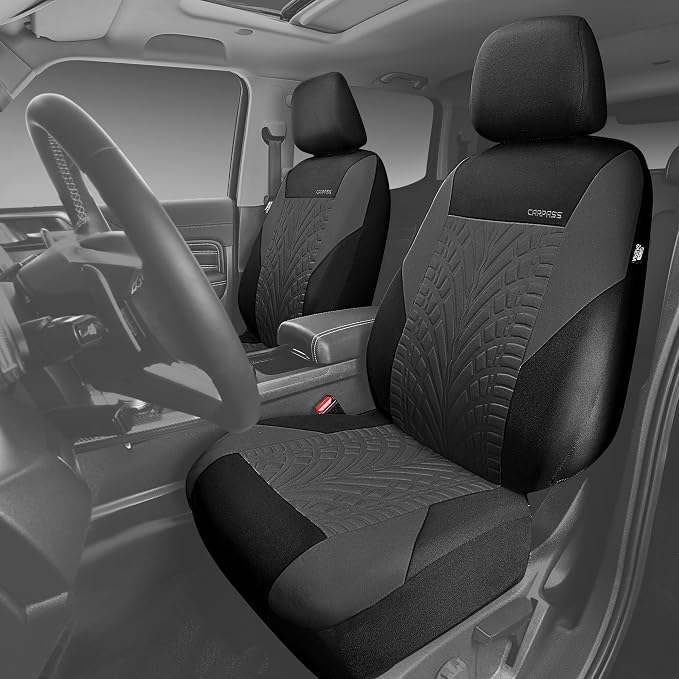 CAR PASS Emboss Tyre Front Seat Covers, Universal Fit Elastic Breath Premium Cloth seat Covers Front Seats only for Truck SUV Sedan, Airbag Compatible, Charcoal on Black