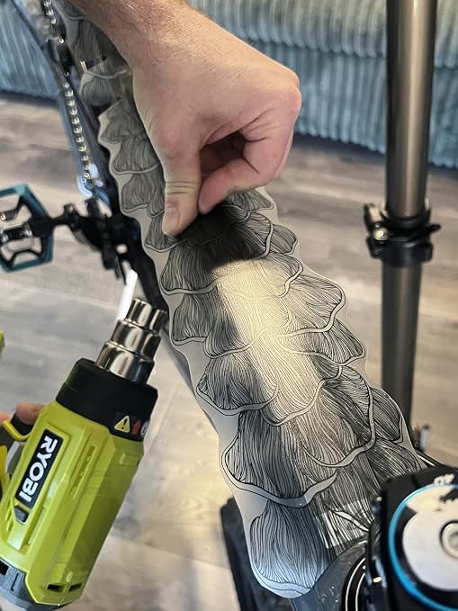 Bike Frame Protection Tape- High Impact Clear Vinyl Wrap Includes Tool (4”x72) Bicycle Frame Protector, Mountain Bike Frame Guard Chainstay Protector (Mushroom Wave)