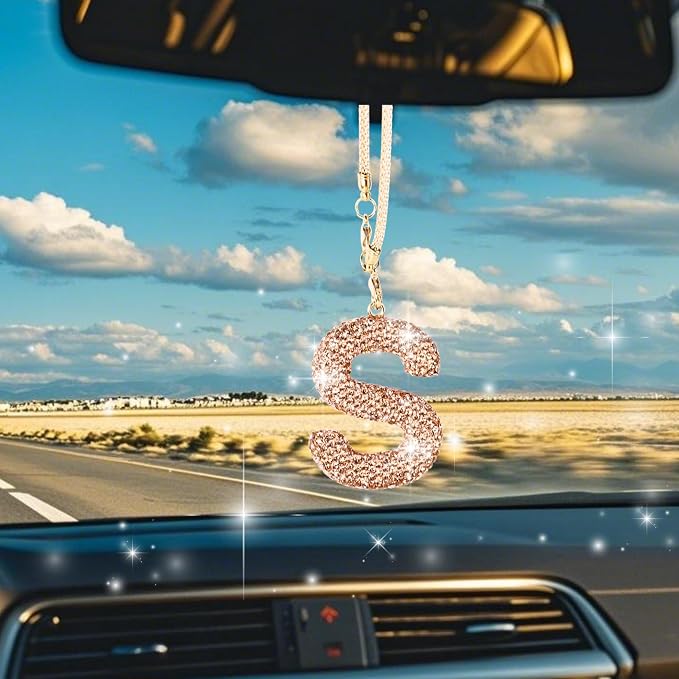 Bling Car Accessories for Women Letter Charm, Rainbow Crystal Rearview Mirror Pendant, Cute Diamond Rhinestone Car Decor, Lucky Gift for Women(S, Champagne Gold)