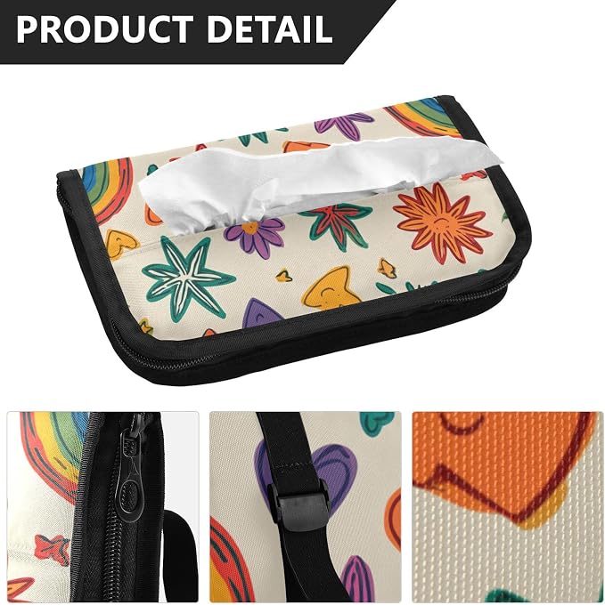 Car Visor Tissue Holder Mask Holder for Car, Car Tissue Box Sun Visor Napkin Holder Car Visor Accessories Adjustable Straps Reusable Durable Easy to Install Beige Doodle Star Heart Rainbow