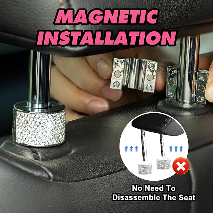Rislobx 4PCS Magnetic Car Headrest Collars, Rhinestone Car Head Rest Collars Rings Decor, Bling Car Accessories for Women, Interior Decor Car SUV Truck (White)