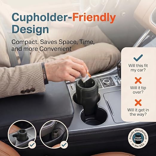 Trash Trapper Car Trash Can Cup Holder | Mini Car Trash Can | Fits in Most Doors | 5.1" x 2.9" | Traps More & Empties Less, Patent-Pending Compaction, 250th Anniversary Edition, Black/Red-White-Blue