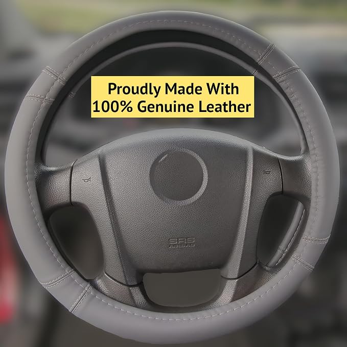 Steering Wheel Cover, Gray, Real Genuine Leather, 16 inch, for Men and Women, Universal, Stretch On, Heat Resistant, Stays Cool, Non-Slip, HANWOLF