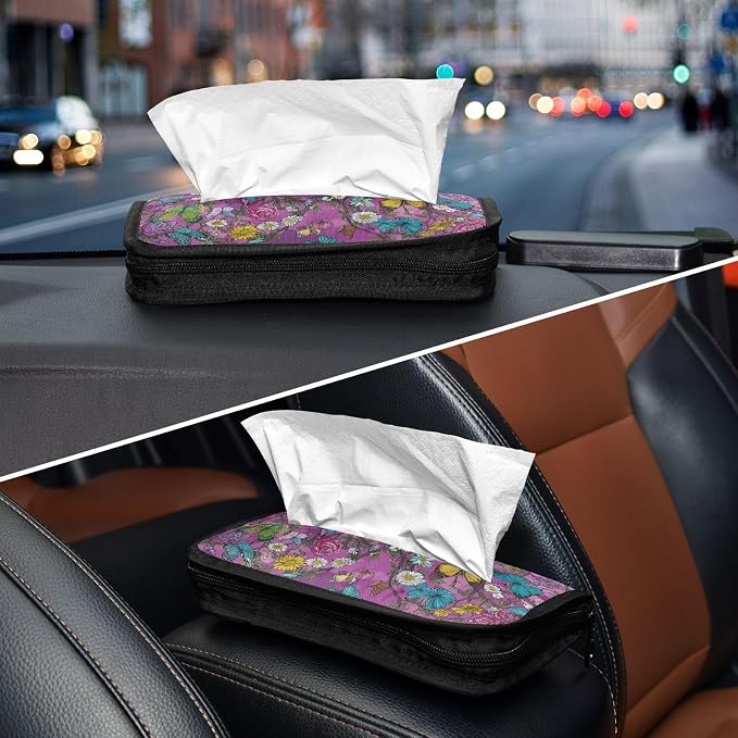 Car Visor Tissue Holder Mask Holder for Car, Car Tissue Box Sun Visor Napkin Holder Car Visor Accessories Adjustable Straps Reusable Durable Easy to Install Rose Flowers Butterfly Trees Purpl