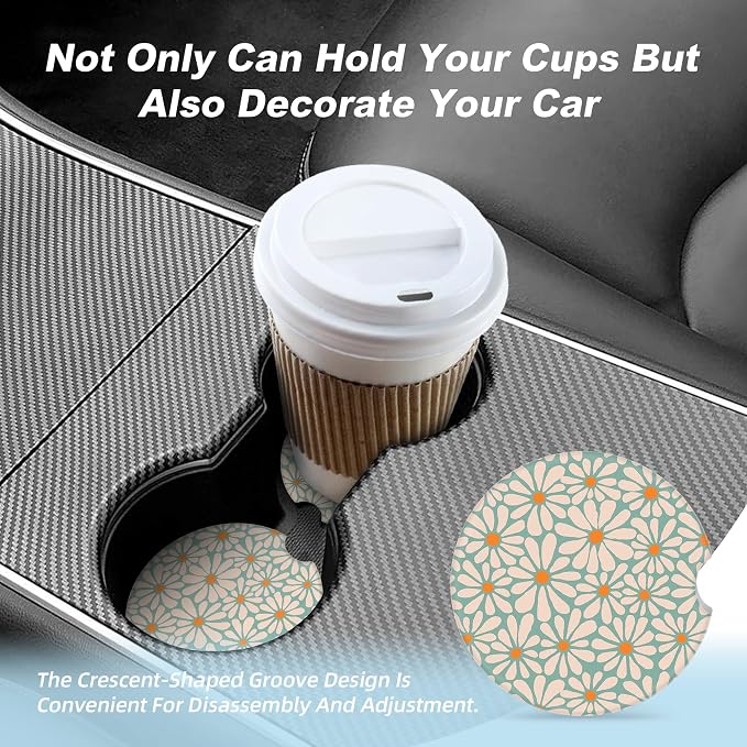 Green Floral Car Coasters for Cup Holders,2 Pack Car Cup Holder Coasters for Car,Ceramic Absorbent Car Coaster with A Finger Notch and Cork Base,Car Interior Accessories for Women Men