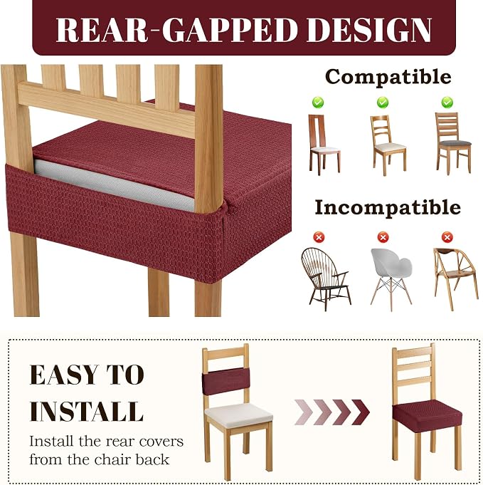 Songrey Waterproof Chair Covers for Dining Chairs, Set of 6, Wine Red | No Rear Seat Covers for Dining Room , Chair Protector Slipcover, Stretch Removable Washable