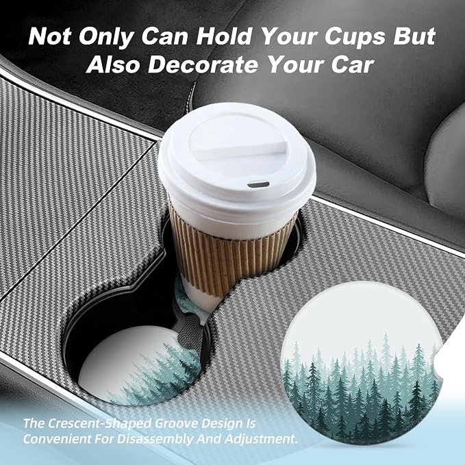 Green Forest Car Coasters for Cup Holders,2 Pack Car Cup Holder Coasters for Car,Ceramic Absorbent Car Coaster with A Finger Notch and Cork Base,Car Interior Accessories for Women Men