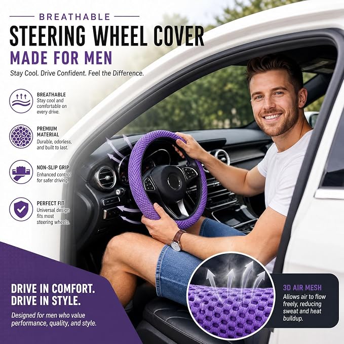 Mesh Ice Silk Cooling Car Steering Wheel Cover for Men Women,Summer Universal Breathable Stretch Anti-Slip Wheel Cover 14.5-15" for Cars, Trucks, Pickups, SUVs (Light Purple)