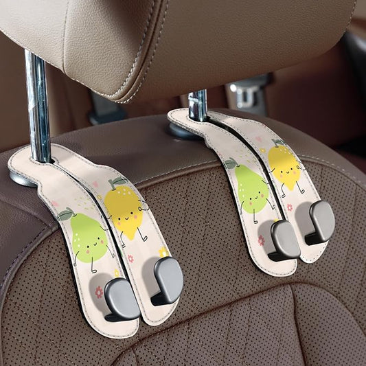 CoBak Purse Hook for Car - Universal Premium Stitched Leather and Aluminum-Magnesium Alloy Double Car Seat Back Storage Hook for Purses, Handbags, Bags (2 Pack),Fruit Play