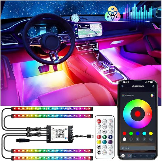 RGB-IC Car LED Interior Strip Lights with Remote Control, Dream Color APP Control Car Inside Ambient Lighting, Multicolor USB Footwell Under Dash Neon Light Kits for Cars,SUVs,ATV,Truck, DC5V