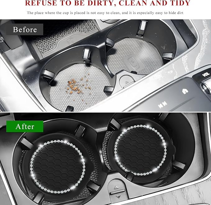 Sun Walker 4 PCS Bling Car Cup Holder Coaster, Non Slip Sparkly Rhinestone Cup Holder Pad Insert Coaster, Shockproof Silicone Shiny Embedded Drink Mat Interior Decor for Most Vehicles (Black)