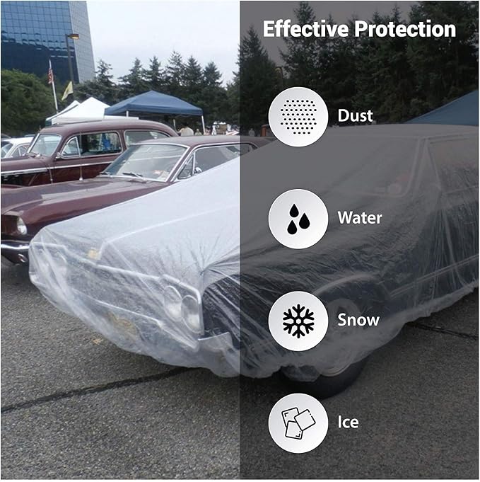 West Lake Car Essential Universal Disposable Clear Plastic Car Cover Suitable for SUV Sedan Mini Van, 24 Feet by 16 Feet Extra Large Size with Elastic Band