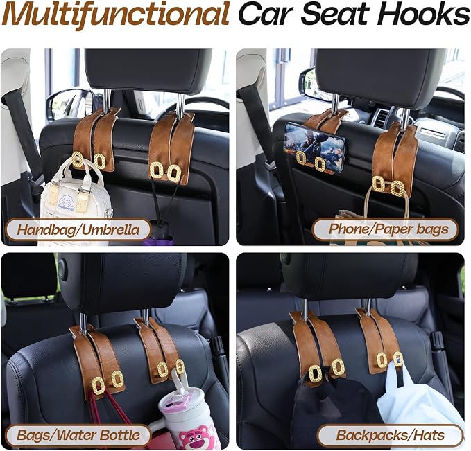 Car Headrest Hooks Universal Car Purse Hook Premium Leather and Alloy Twin Hook Car Seat Back Storage Hanger Hook for Purse Bags Cloth Drink Durable Holder Car Accessories (BH09-Brown-Gold)