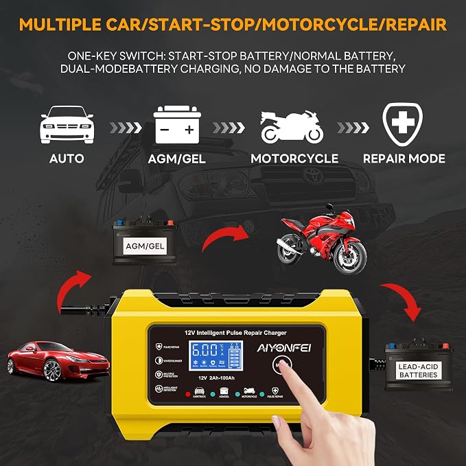 6A 12V Car Battery Charger Maintainer Trickle Charger, Yellow | Smart Battery Desulfator, Temperature Compensation, for Car Truck Motorcycle, Lawn Mower Marine